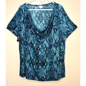 Jaclyn Smith Womens 3X Blue/Green/Black Snake Print Cowl Neck Short Sleeve Top